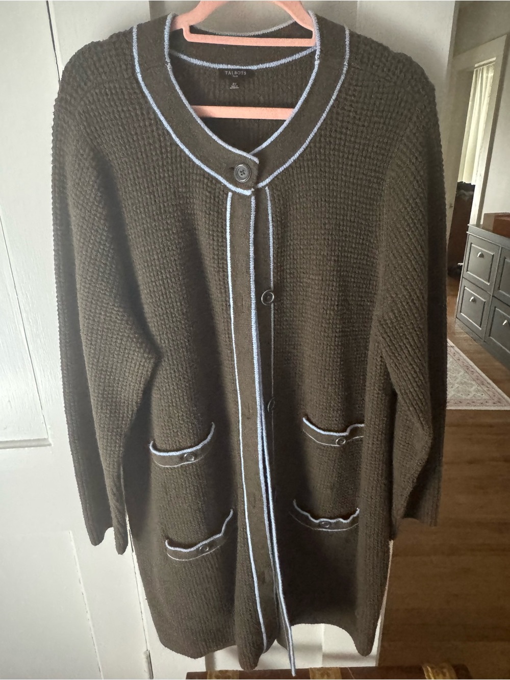 Talbots Plus Olive Green Cardigan with Light Blue Trim